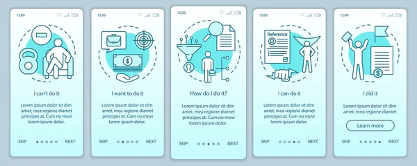 Motivation auf dem Bildschirm der mobilen App mit linearen Konzepten. Zielerreichung, Problemlösung. Arbeit zu bekommen. Schritte grafische Anweisungen. ux, ui, gui Vektorvorlage mit Illustrationen — Stockvektor