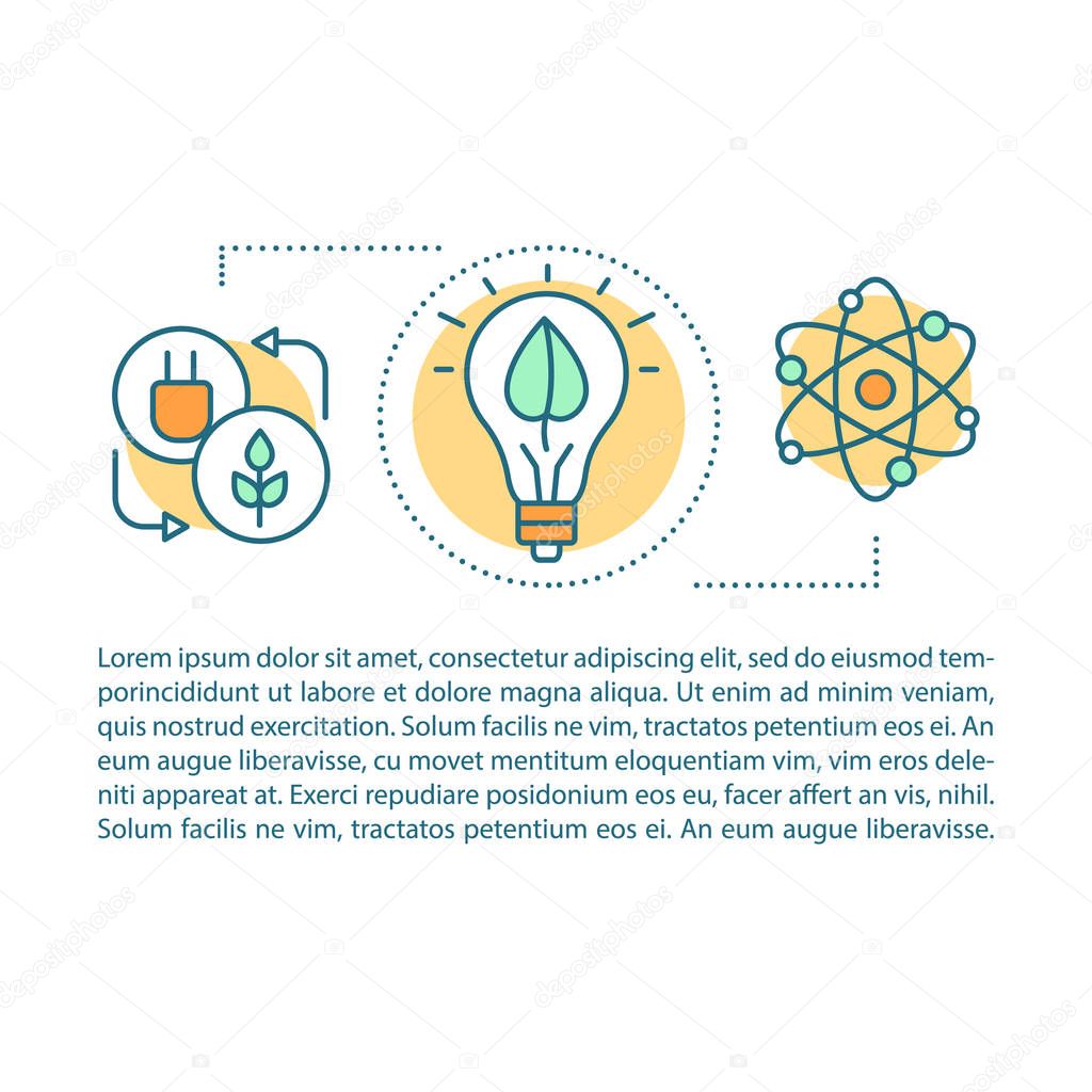 Alternative energy researches article page vector template. Eco energy. Brochure, magazine, booklet design element with linear icons and text boxes. Print design. Concept illustrations with text space