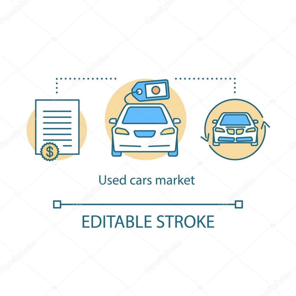 Used cars market concept icon. Taxi ordering idea thin line illustration. Auto rent, buy, sale. Car hiring. Automobile leasing. Car showroom. Vector isolated outline drawing. Editable stroke
