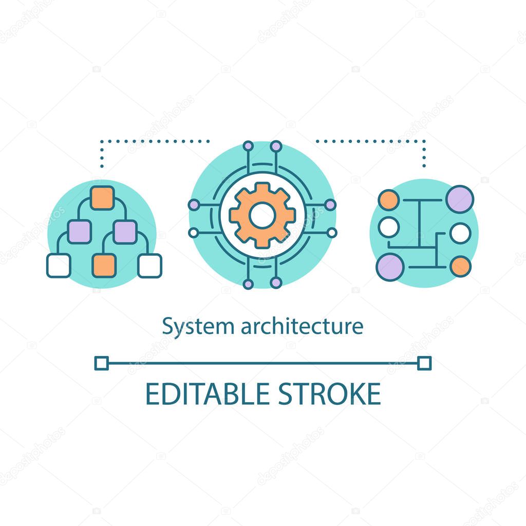 System architecture concept icon. Organization structure,model idea thin line illustration. Management. Enterprise hierarchy, departments. Strategic plan. Vector isolated drawing. Editable stroke