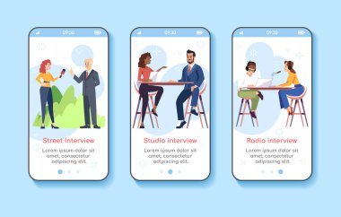 Gazetecilik ve mobil uygulama ekranı vektör şablonu onboarding basın. Sokak, stüdyo, radyo röportajları. Düz karakterlerle walkthrough web sitesi adımları. Ux, Ui, Gui akıllı telefon karikatür arayüz konsepti