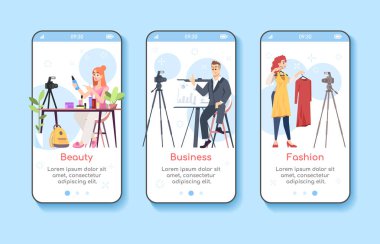 Vlogging onboarding mobil uygulama ekranı vektör şablonu. Güzellik, iş, moda blogları. Influencer pazarlama. Düz karakterlerle walkthrough web sitesi adımları. Ux, Ui, Gui akıllı telefon karikatür arayüzü