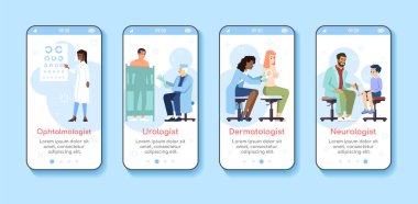 Tıbbi muayene mobil uygulama ekran şablonu onboarding. Göz doktoru, ürolog, dermatolog, nörolog. Düz karakterlerle walkthrough web sitesi. Ux, Ui, Gui akıllı telefon karikatür arayüzü