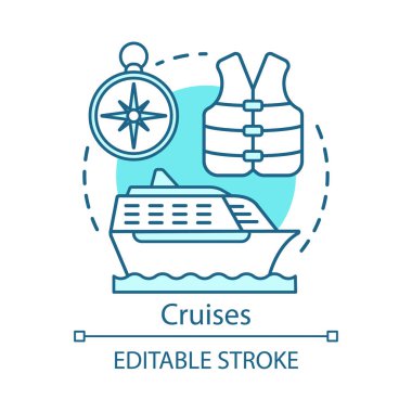 Cruises konsept simgesi. Deniz fikir ince çizgi illüstrasyon ile seyahat. Yolculuk. Yüzme yeleği ve pusula. Yolcu gemisi, yaz tatili. Su taşıma. Vektör yalıtılmış anahat çizimi. Kullanılabilir kontur