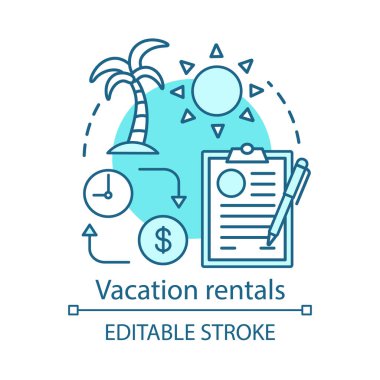 Tatil kiralama kavram simgesi. Daire, yazlık kira fikri ince çizgi illüstrasyon. Tropik tatil. Ödeme koşulları. Yolculuk ve seyahat planlaması. Vektör yalıtılmış anahat çizimi. Kullanılabilir kontur