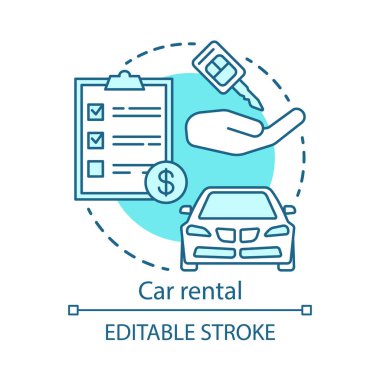 Araç kiralama konsept simgesi. Otomobil kiralama, kiralama fikri ince çizgi illüstrasyon. Otomatik kiralama. Yolculuk. Tatil arabası. Kişisel oto taşımacılığı. Vektör yalıtılmış anahat çizimi. Kullanılabilir kontur