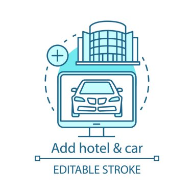 Otel ve araba konsepti simgesini ekleyin. Tatil seçenekleri fikir ince çizgi illüstrasyon. Yolculuk ve yolculuk. Konaklama rezervasyonu ve konforlu tatiller. Vektör yalıtılmış anahat çizimi. Kullanılabilir kontur