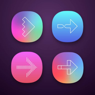 Sağa oklar uygulama simgeleri ayarlanır. Bükülmüş, çentikli sonraki, ileri oklar. Navigasyon işaretçisi işareti. İşaret sembolü. Ui/Ux kullanıcı arabirimi. Web veya mobil uygulamalar. Vektör izole çizimler