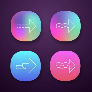 İleri oklar uygulama simgeleri ayarlayın. Noktalı, dalgalı, sonraki katlanır, ileri oklar. Sağa doğru. Ok ucu sağa işaret. Ui/Ux kullanıcı arabirimi. Web veya mobil uygulamalar. Vektör izole çizimler