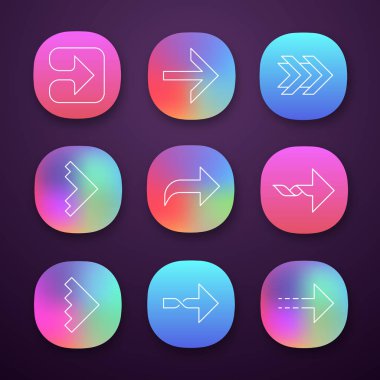 Sağ oklar uygulama simgeleri ayarlayın. İleri, kavisli, noktalı, bükülmüş sonraki, ileri oklar. Ok ucu sağa doğru işaret ediyor. Ui/Ux kullanıcı arabirimi. Web veya mobil uygulamalar. Vektör izole çizimler