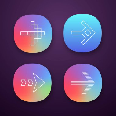 Ok türleri uygulama simgeleri ayarlanır. Piksel, şekilli, kesikçizgili, çizgili sonraki, ileri ok. Ok ucu doğru yönü gösteriyor. Sonraki. Ui/Ux kullanıcı arabirimi. Web veya mobil uygulamalar. Vektör izole çizimler