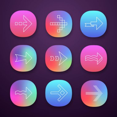 Sağ oklar uygulama simgeleri ayarlayın. Dalgalı, piksel, katlama, çizgili, sonraki oklar kesik. Navigasyon işaretçisi, gösterge işareti. Ui/Ux kullanıcı arabirimi. Web veya mobil uygulamalar. Vektör izole çizimler