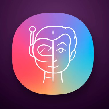 Bot taklitçisi uygulaması simgesi. Otomatik hackleme. Sahte kimlik. Robot taklitçisi. Sibernetik. Yapay zeka. Ui/Ux kullanıcı arabirimi. Web veya mobil uygulama. Vektör izole illüstrasyon