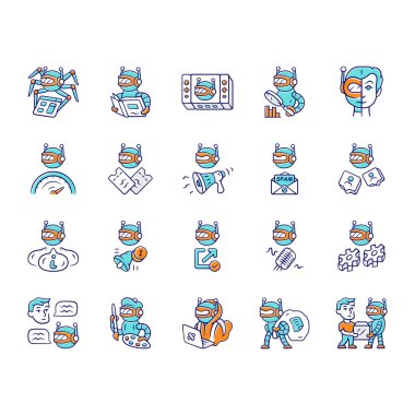 Bot renk simgeleri kümesi ni türler. Tarayıcı, hacker, spambot, taklitçi, kazıyıcı, propaganda, bilgilendirme robotu. Teknoloji, yapay zeka, ai. Sanal gerçeklik. Yalıtılmış vektör çizimleri