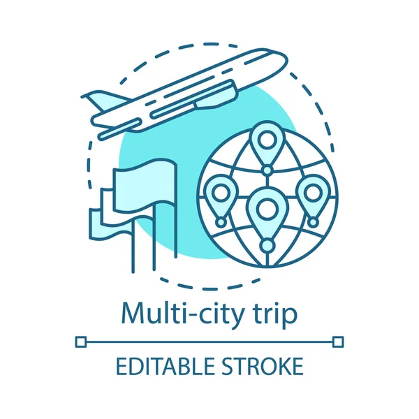 Multi-city trip concept icon. Flights with multiple destinations idea thin line illustration. Tourism, tour. Airplane traveling. Plane flying up. Vector isolated outline drawing. Editable stroke — Stock Vector