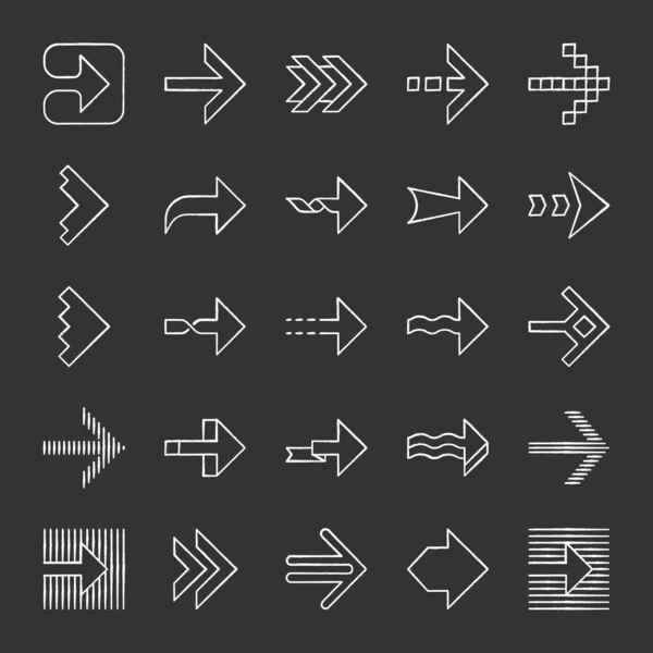 Arrow types chalk icons set. Wavy, notched, striped arrowheads. Dotted, twisted, dashed next arrows. Right pointing sign. Navigation symbol. Direction move. Isolated vector chalkboard illustrations — Stock Vector