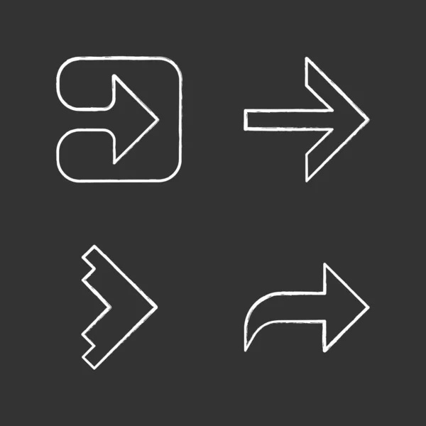 Pfeil-Typen Kreidesymbole gesetzt. vorwärts, rechts, gebogen, geometrische Pfeile. Pfeilspitze im Quadrat, die nach rechts zeigt. Bewegungsanzeige. nächster Pfeil. Isolierte Vektor-Tafelillustrationen — Stockvektor