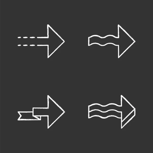 Forward arrows chalk icons set. Dotted, folding next, forward arrows. Rightward direction. Indicating arrowhead. Navigation symbol. Pointing sign. Motion. Isolated vector chalkboard illustrations — Stock Vector