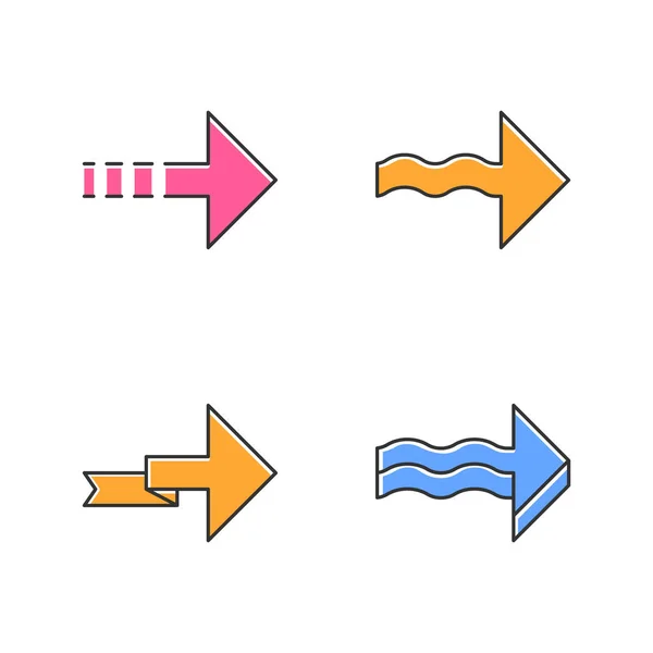 Flechas delanteras iconos de color conjunto. Punteado, ondulado, plegable al lado, flechas delanteras. Hacia la derecha. Indicando punta de flecha. Símbolo de navegación. Señal de señalización. Moción. Ilustraciones vectoriales aisladas — Archivo Imágenes Vectoriales