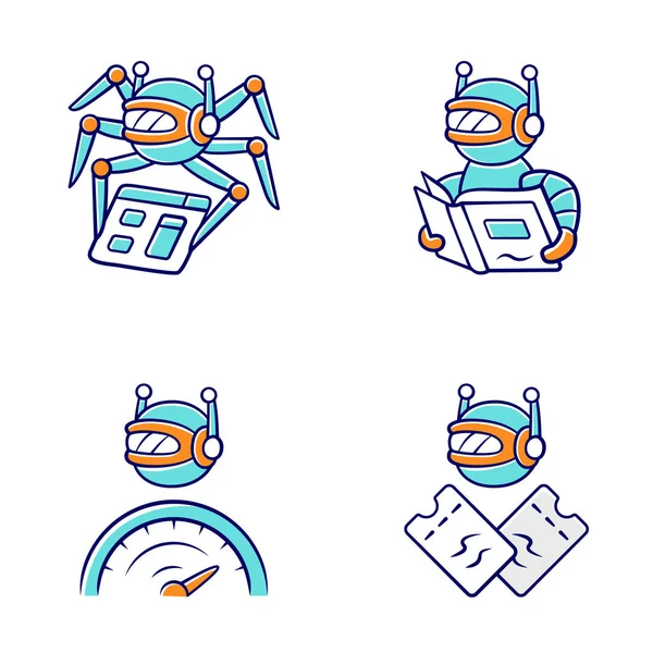 Internet bots icônes de couleur ensemble. Crawler, lecture de texte, optimiseur, robot scalper. Intelligence artificielle. L'IA. Application logicielle. Assistant virtuel. Fonctionnement informatique. Illustrations vectorielles isolées — Image vectorielle