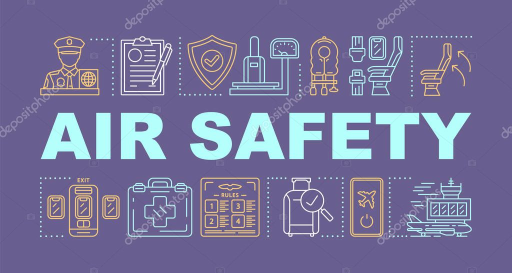 Air safety word concepts banner. Flight equipment. Airplane rules, accident prevention. Presentation, website. Isolated lettering typography idea with linear icons. Vector outline illustration