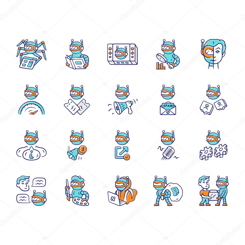 Bot types color icons set. Crawler, hacker, spambot, impersonator, scraper, propaganda, informational robot. Technology, artificial intelligence, ai. Virtual reality. Isolated vector illustrations