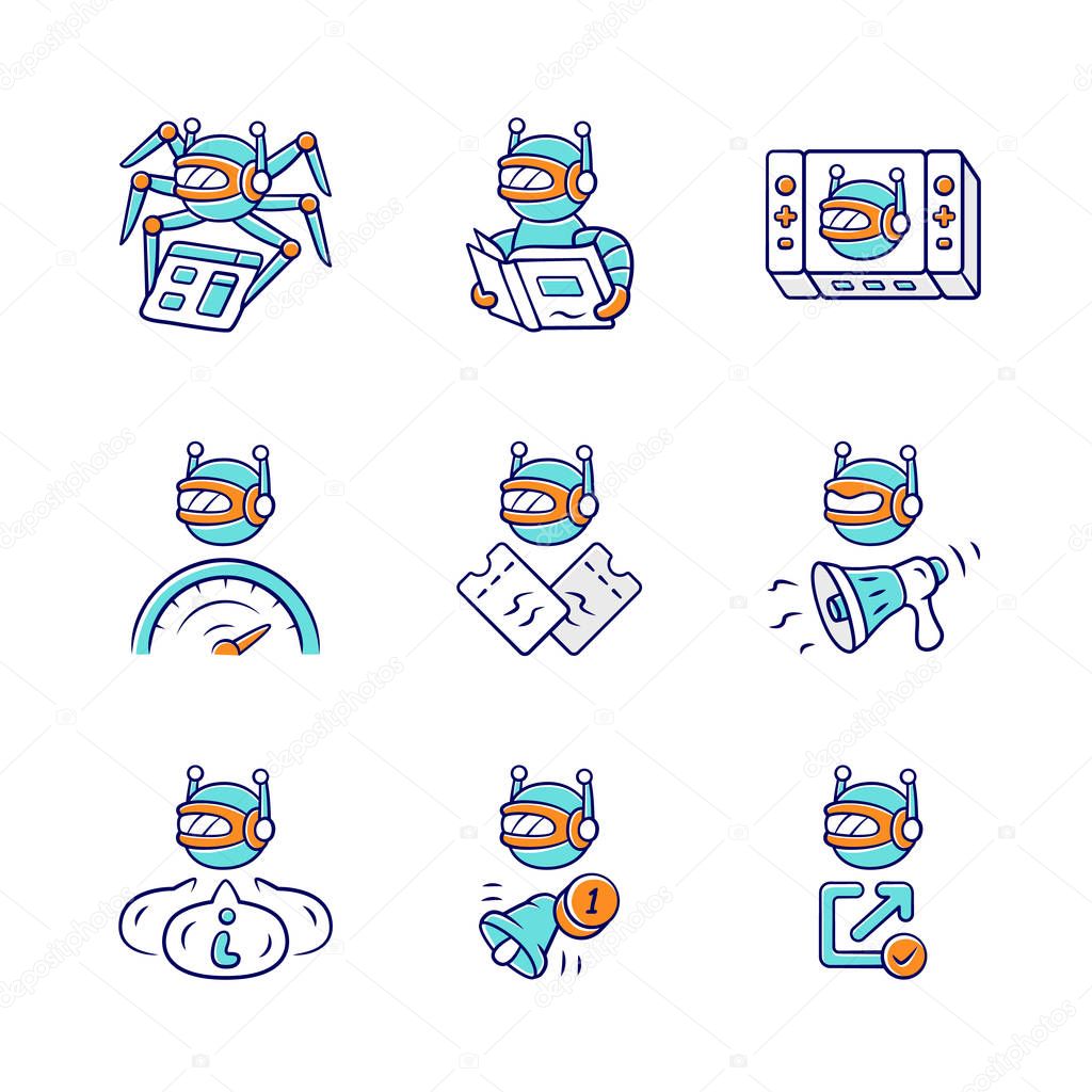 Web robots color icons set. Crawler, text-reading, propaganda, b