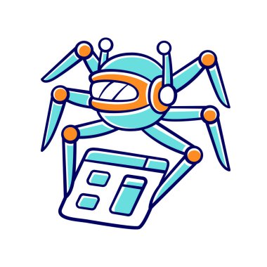 Tarayıcı renk simgesi. Örümcek Robotu. Arama motoru optimizasyonu. Otomatik dizinleyici. İçerik izleme. Yapay zeka. Web dizini. Robot yazılımı. Yalıtılmış vektör illüstrasyonu