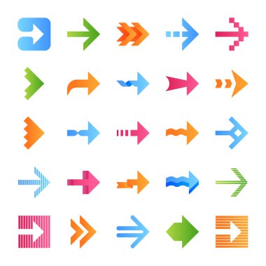 Ok türleri düz tasarım uzun gölge renk simgeleri ayarlayın. Dalgalı, çentikli, çizgili ok uçları. Noktalı, bükülmüş, kesik li sonraki oklar. Doğru işaret işareti. Navigasyon sembolü. Vektör siluet illüstrasyonları