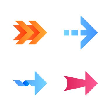 Oklar düz tasarım uzun gölge renk simgeleri ayarlayın. Çift, noktalı, bükülmüş, geniş sonraki oklar. Ok ucu doğru yönü gösteriyor. İşaret sembolü. İşaretçi, gösterge. Vektör siluet illüstrasyonları