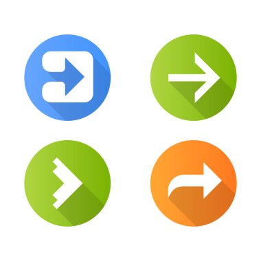 Ok türleri düz tasarım uzun gölge glyph simgeleri ayarlayın. İleri, ri