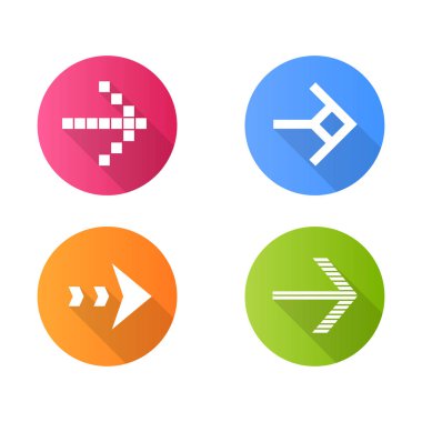 Ok türleri düz tasarım uzun gölge glyph simgeleri ayarlayın. Piksel, sonraki, ileri ok kesikli. Ok ucu doğru yönü gösteriyor. Sonraki. İşaretçi simgesi. Navigasyon imleci. Vektör siluet illüstrasyon