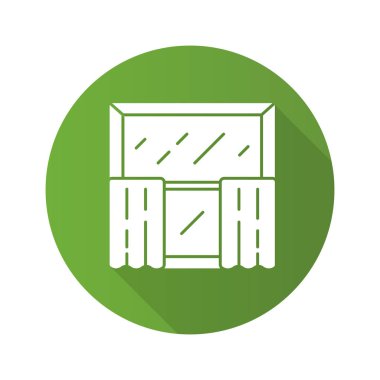 Cafe perdeleri düz tasarım uzun gölge glyph simgesi. Mutfak dekoru. Kafe perde çubuklarına asılı katmanlar. Ev ve ofis iç tasarımı. Pencere bakımları, kaplamalar. Vektör siluet illüstrasyon