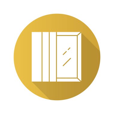 Panel düz tasarım uzun gölge glyph simgesi izler. Dikey pencere kaplamaları. Kumaş paneller. Mutfak dekorasyonu. Ofis penceresi görünümü. Ev iç. Vektör siluet illüstrasyon