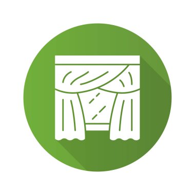 Priscilla perdeler düz tasarım uzun gölge glyph simgesi. Perde çubuğuna asılı ekli valance ile Panel çifti. Oturma odası, yatak odası perdeleri. Ev iç dekorasyonu. Vektör siluet illüstrasyon