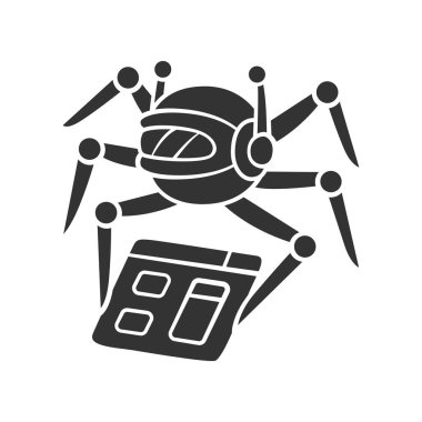 Tarayıcı glyph simgesi. Örümcek Robotu. Arama motoru optimizasyonu. İçerik izleme. Yapay zeka. Web dizini. Robot yazılımı. Siluet sembolü. Negatif boşluk. Vektör izole illüstrasyon