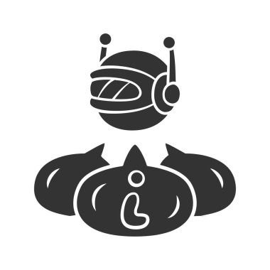 Bilgi bot glyph simgesi. Robot sanal asistan. Yapay zeka. Web robotu. Verilere erişim. Makine öğrenimi. Siluet sembolü. Negatif boşluk. Vektör izole illüstrasyon