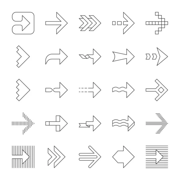 Les types de flèches linéaires icônes ensemble. Ondulé, entaillé, rayé double, pointes de flèche. Prochaines flèches pointillées et tordues. Panneau de navigation. Symboles de contour de ligne mince. Illustrations isolées des contours vectoriels. Course modifiable — Image vectorielle