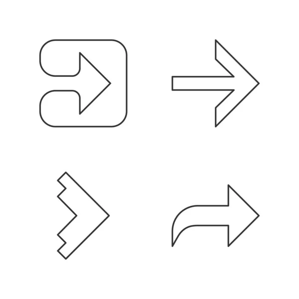 Pfeil gibt lineare Symbole vor. vorwärts, rechts, gebogen und geometrisch. Pfeilspitze, die nach rechts zeigt. nächster Pfeil. Kontursymbole für dünne Linien. isolierte Vektorumrisse-Illustrationen. editierbarer Schlaganfall — Stockvektor