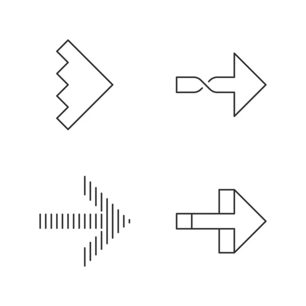 Lineare Symbole für Pfeile nach rechts gesetzt. verdreht, als nächstes eingekerbt, Pfeile nach vorn. Navigationszeiger. Symbolbild. Kontursymbole für dünne Linien. isolierte Vektorumrisse-Illustrationen. editierbarer Schlaganfall — Stockvektor