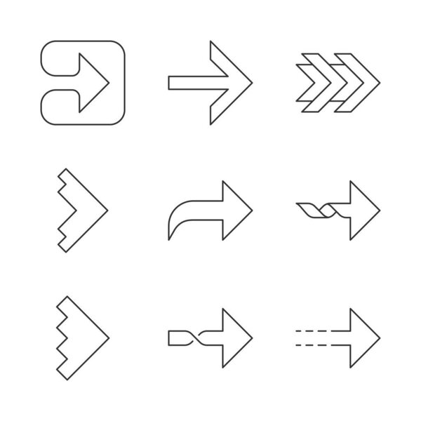 Right arrows linear icons set. Curved, dotted, twisted next, forward arrows. Pointer. Arrowhead indicating rightward. Thin line contour symbols. Isolated vector outline illustrations. Editable stroke