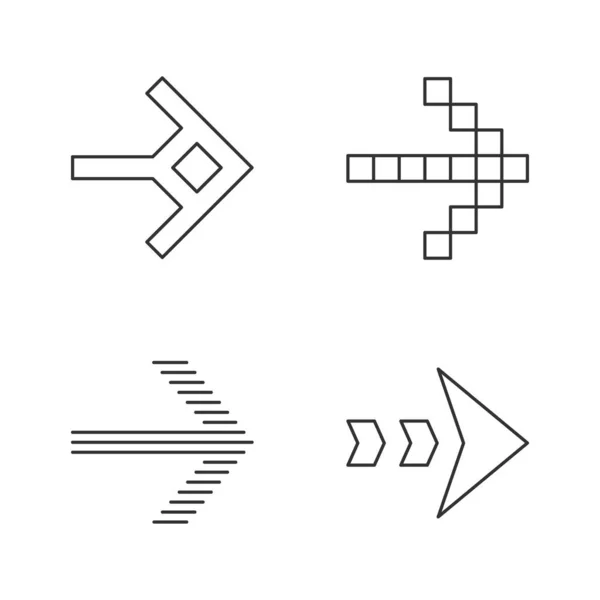 Les types de flèches linéaires icônes ensemble. Pixel, en forme, pointillé, rayé suivant, flèche avant. Flèche montrant la bonne direction. Symboles de contour de ligne mince. Illustrations isolées des contours vectoriels. Course modifiable — Image vectorielle