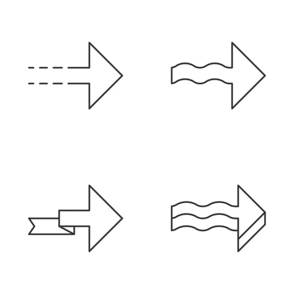 Conjunto de ícones lineares de setas para a frente. Pontuado, ondulado, dobrável, próximo, setas para a frente. A indicar a ponta da seta. Sinal de navegação. Símbolos de contorno de linha fina. Isoladas ilustrações de contorno vetorial. AVC editável — Vetor de Stock