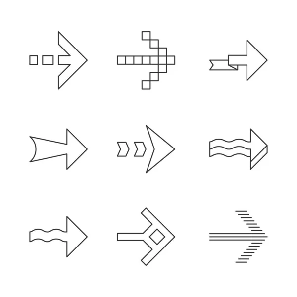 Arrows linear icons set. Wavy, pixel, folding, striped, dashed next arrows. Indicator sign. Arrowheads pointing right. Thin line contour symbols. Isolated vector outline illustrations. Editable stroke — Stock Vector