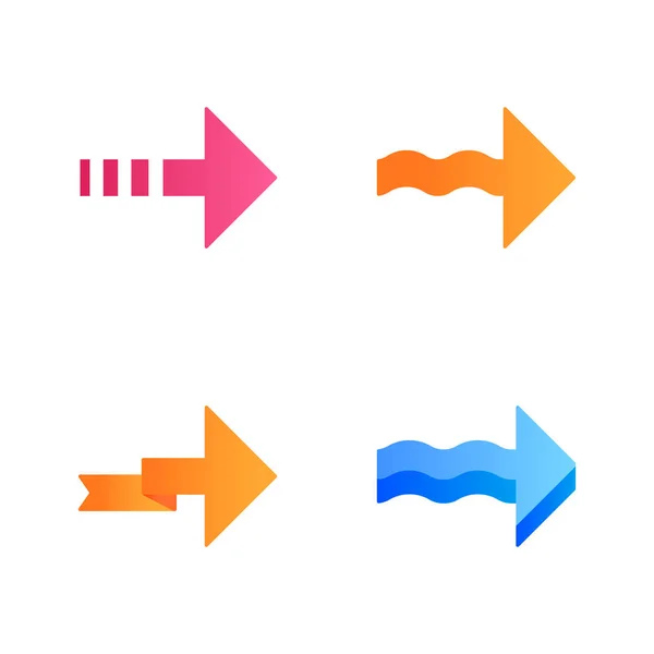 Nach vorne Pfeile flache Design lange Schatten Farbsymbole gesetzt. gepunktete, gefaltete, nächste, vorwärts gerichtete Pfeile. nach rechts. Pfeilspitze. Navigationssymbol. Bewegung. Vektorsilhouetten-Illustrationen — Stockvektor