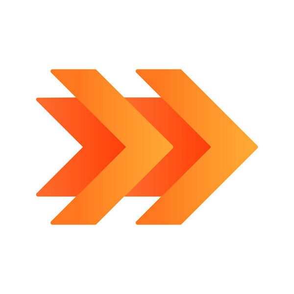 Double orange arrows flat design long shadow color icon. Fast forward right arrowhead. Rewinding button. Navigation pointer, indicator. Pointing sign. Indicating symbol. Vector silhouette illustration