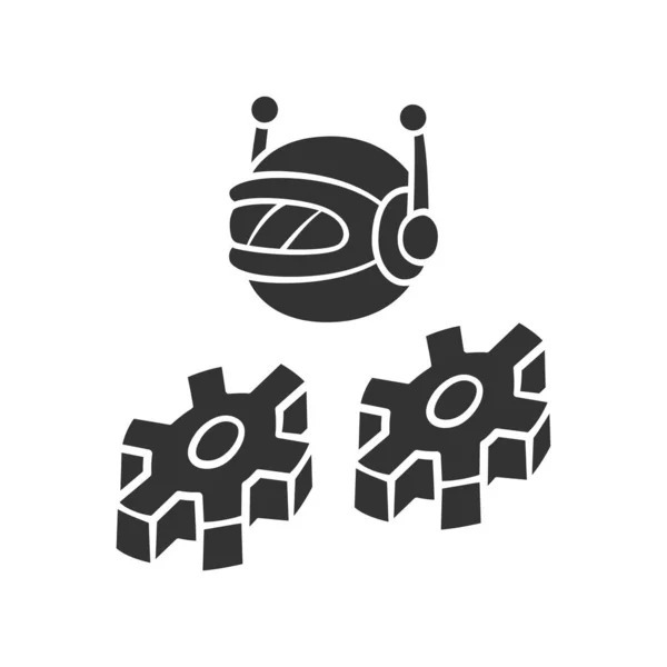 Glyph-pictogram voor werk-bot. Software toepassing. Optimizer robot met tandwielen. Kunstmatige intelligentie. Innovatie machine learning, AI. Silhouet symbool. Negatieve ruimte. Vector geïsoleerde illustratie — Stockvector