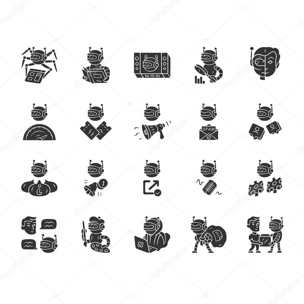 Bot types glyph icons set. Crawler, hacker, spambot, impersonator, scraper, propaganda, informational robot. Artificial intelligence, ai. Silhouette symbols. Vector isolated illustration