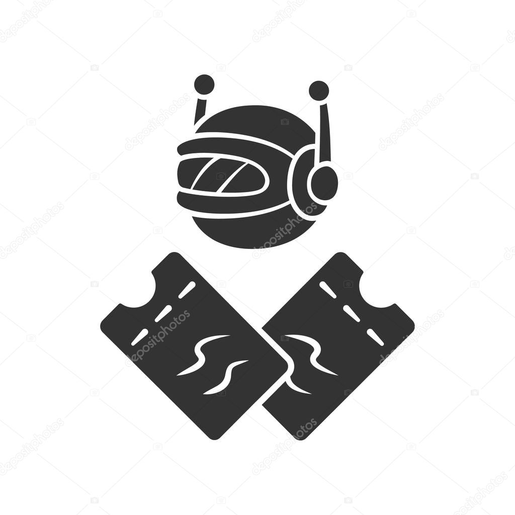 Scalper bot glyph icon. Tickets wholesale buying scalping bot. Online bulk purchases. Internet application. Artificial intelligence. Silhouette symbol. Negative space. Vector isolated illustration