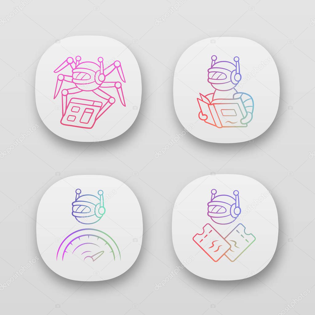 Internet bots app icons set. Crawler, text-reading, optimizer, scalper robot. Artificial intelligence. AI. Software app. UI/UX user interface. Web or mobile applications. Vector isolated illustrations